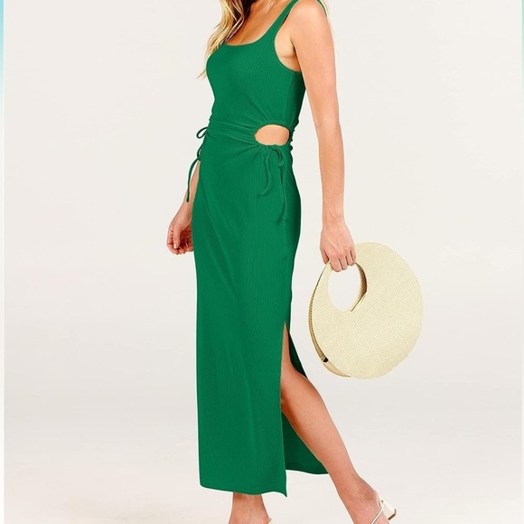 Women's Green Summer Sleeveless Tank Dress Cutout Ribbed Slit Maxi Dress *NEW* - Picture 5 of 16